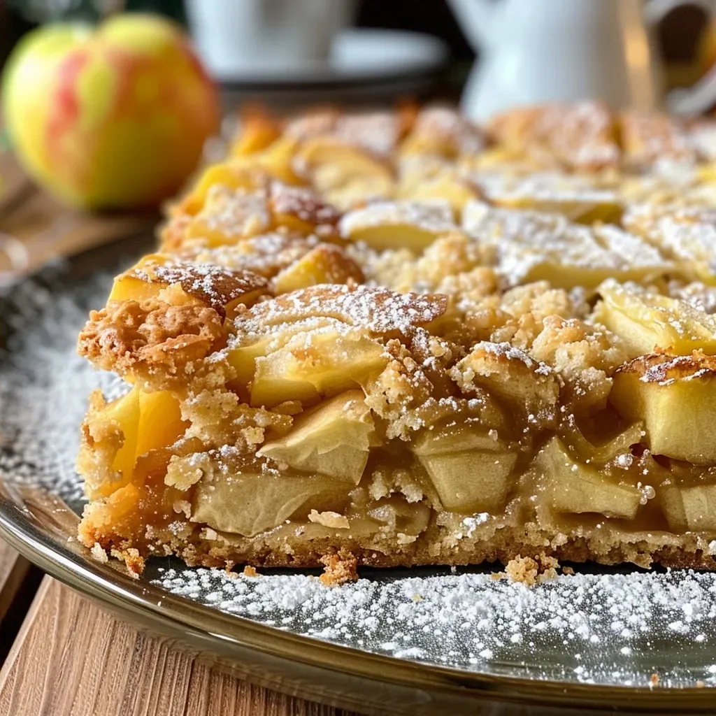 Side view of moist Apfelkuchen, showcasing a golden crust and topped with powdered sugar.