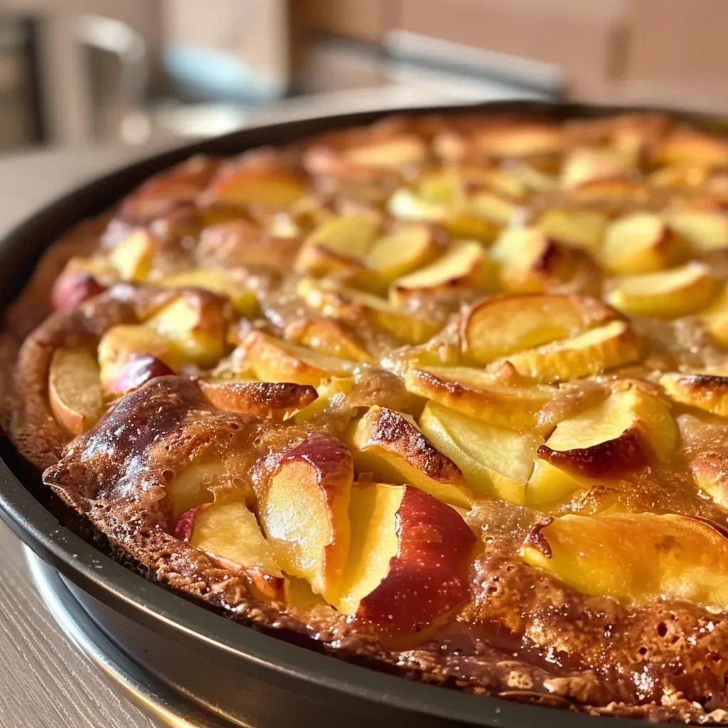 Close-up side view of a freshly baked Apfel-Karamell-Kuchen, showcasing juicy apples and caramel glaze.