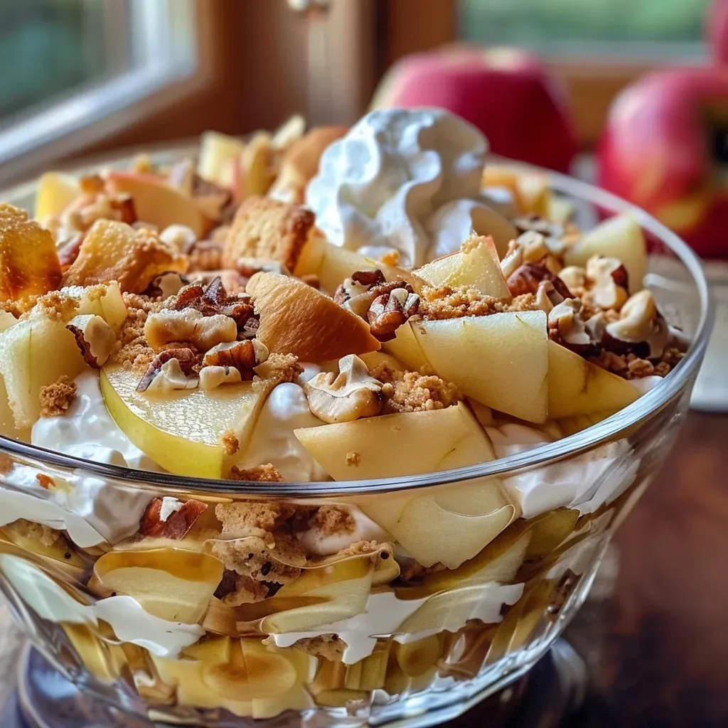 Juicy Apfel Karamell Trifle with layers of apples and cream viewed from the side.