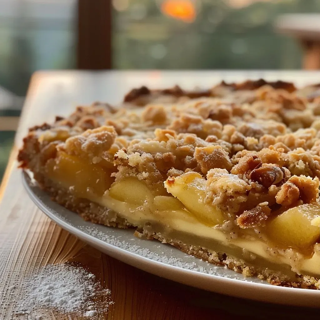 Close-up view of a slice of Apfel Streuselkuchen vom Blech, showcasing juicy apple filling and crumbly topping.