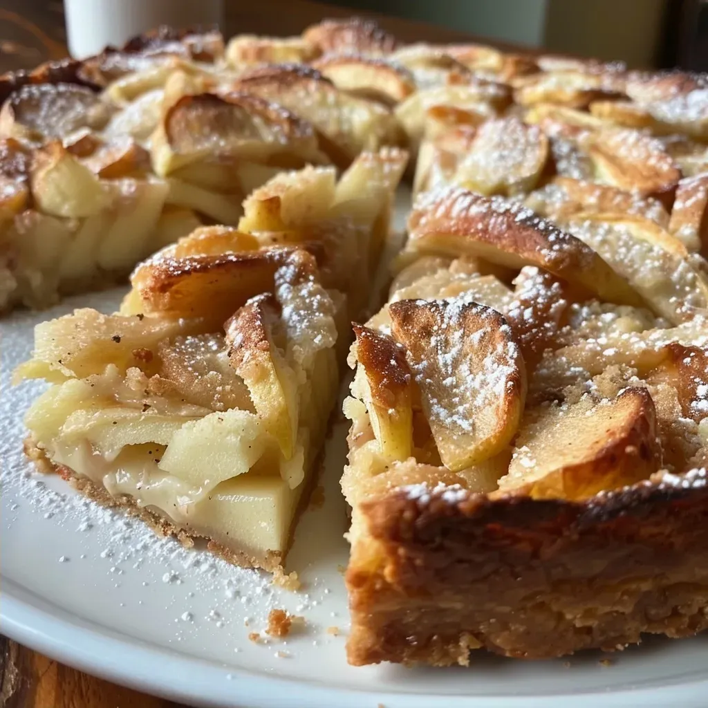 Side profile of a delicious Apfel Streuselkuchen vom Blech, featuring a golden-brown crust and apple pieces peeking through.