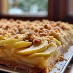 A close-up side view of a slice of German apple crumble cake with vanilla streusel, showcasing its juicy filling and crumbly top.