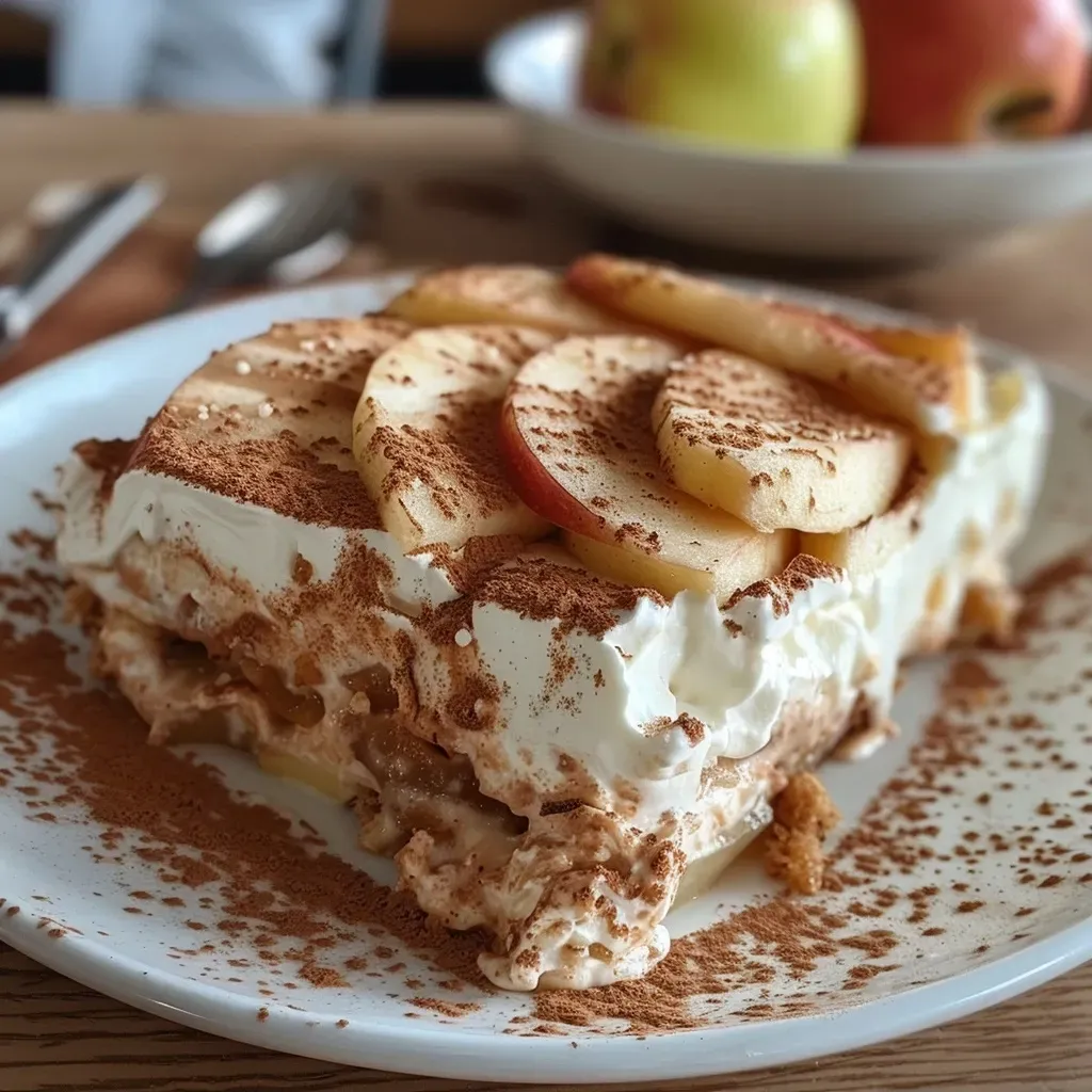 Close-up view of a slice of Apfel-Tiramisu with creamy layers and apple topping.