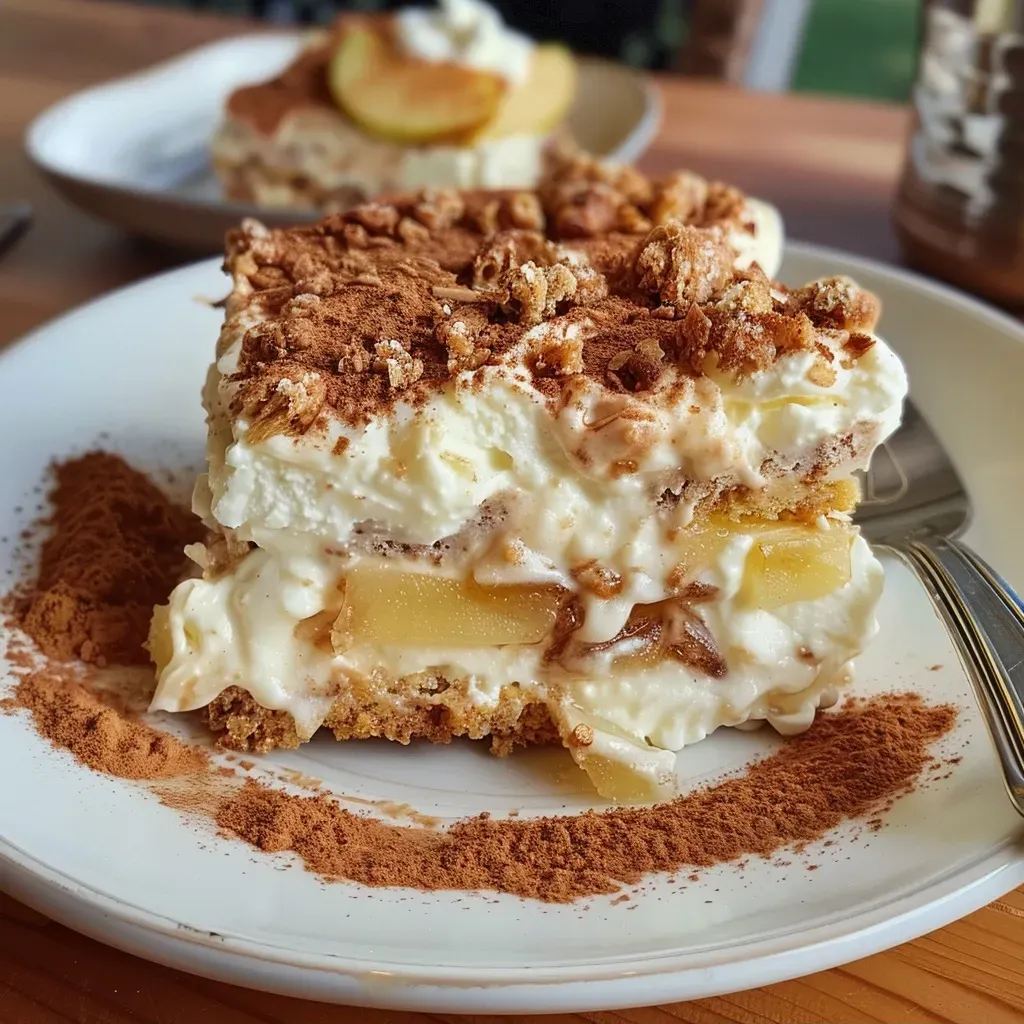 Side view of Apfel-Tiramisu showcasing its apple and mascarpone layers.
