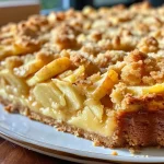 Close-up shot of Apfel-Vanille-Kuchen with streusel topping, revealing juicy apple filling.