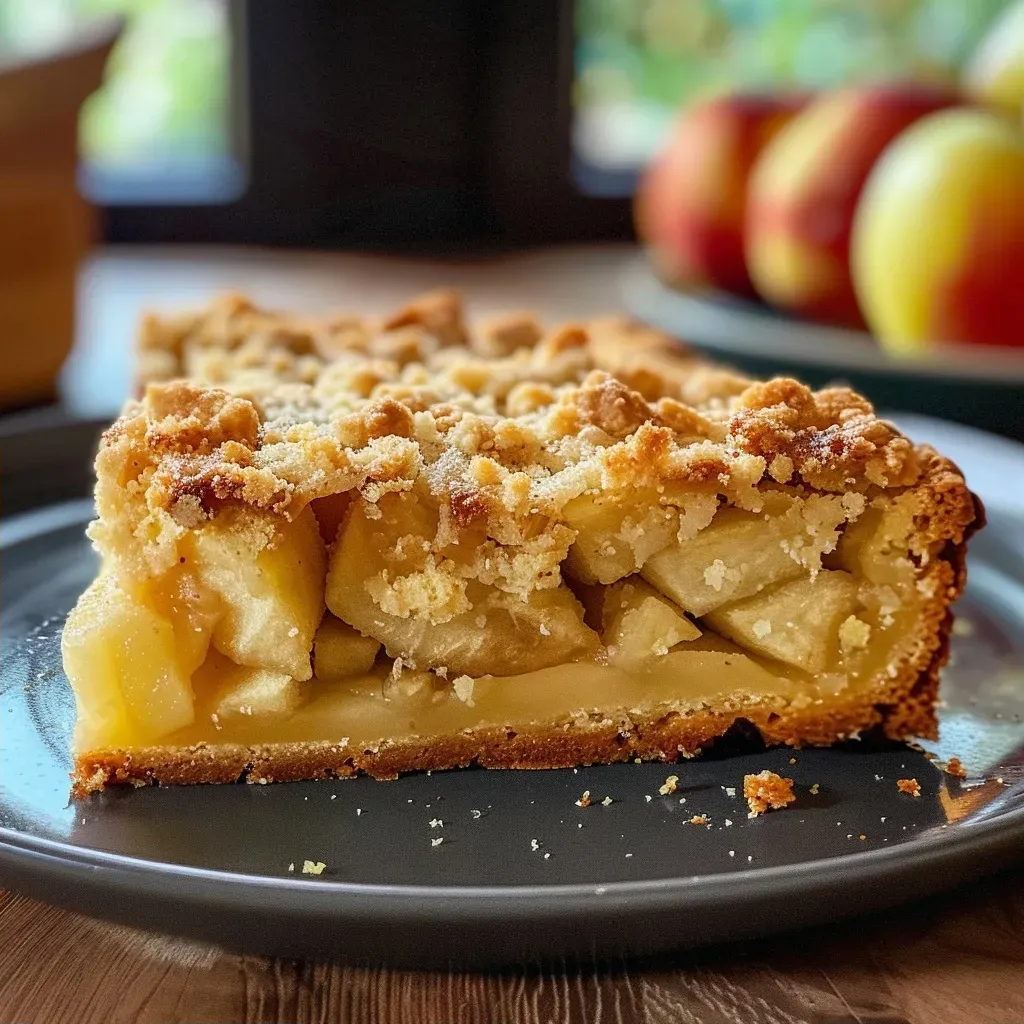 Side view of a freshly baked Apfel-Vanille-Kuchen adorned with golden streusels.