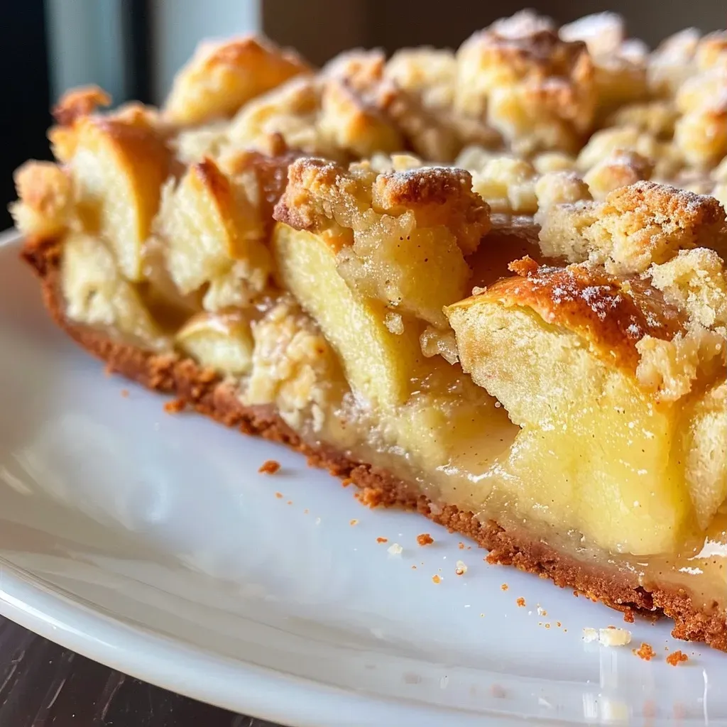 A close-up side view of a slice of Apfel-Zimt-Blechkuchen displaying its layers of apples and streusel topping.
