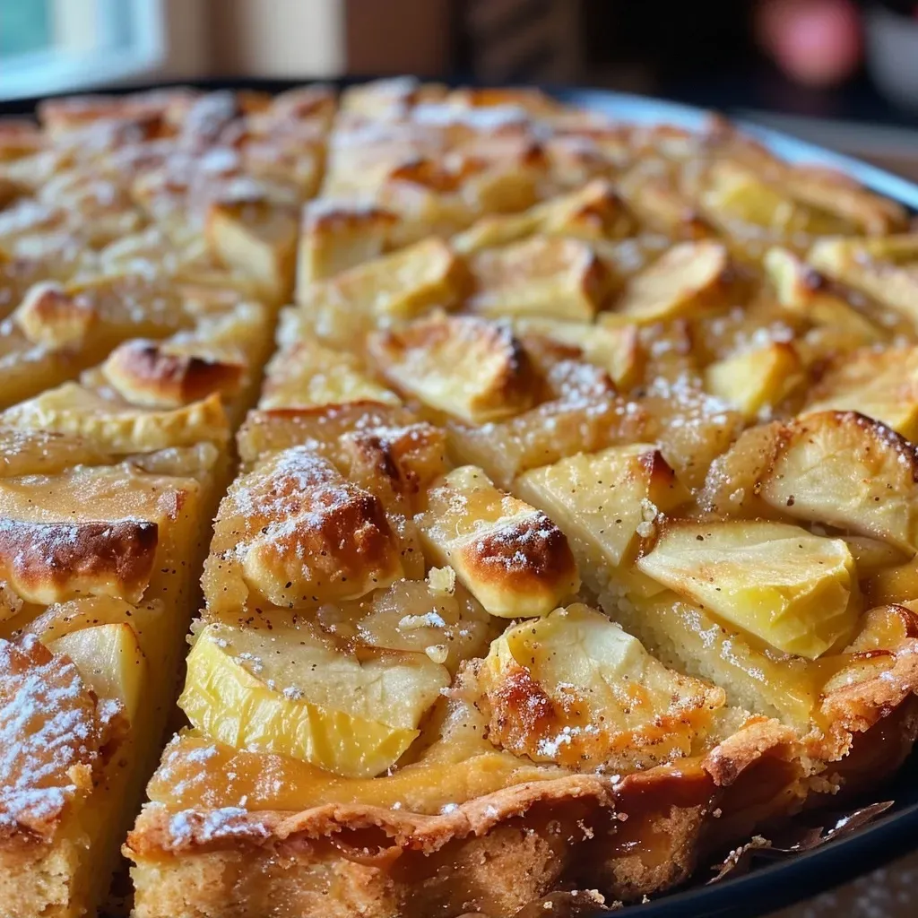 Close-up of Apfel-Zimt-Butterkuchen showing moist apple layers and a dusting of cinnamon.