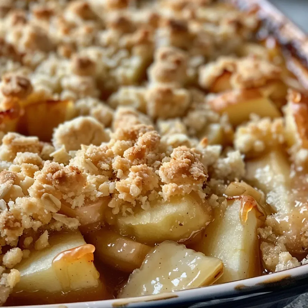 Close-up of a warm apple cinnamon crumble with a golden-brown topping.