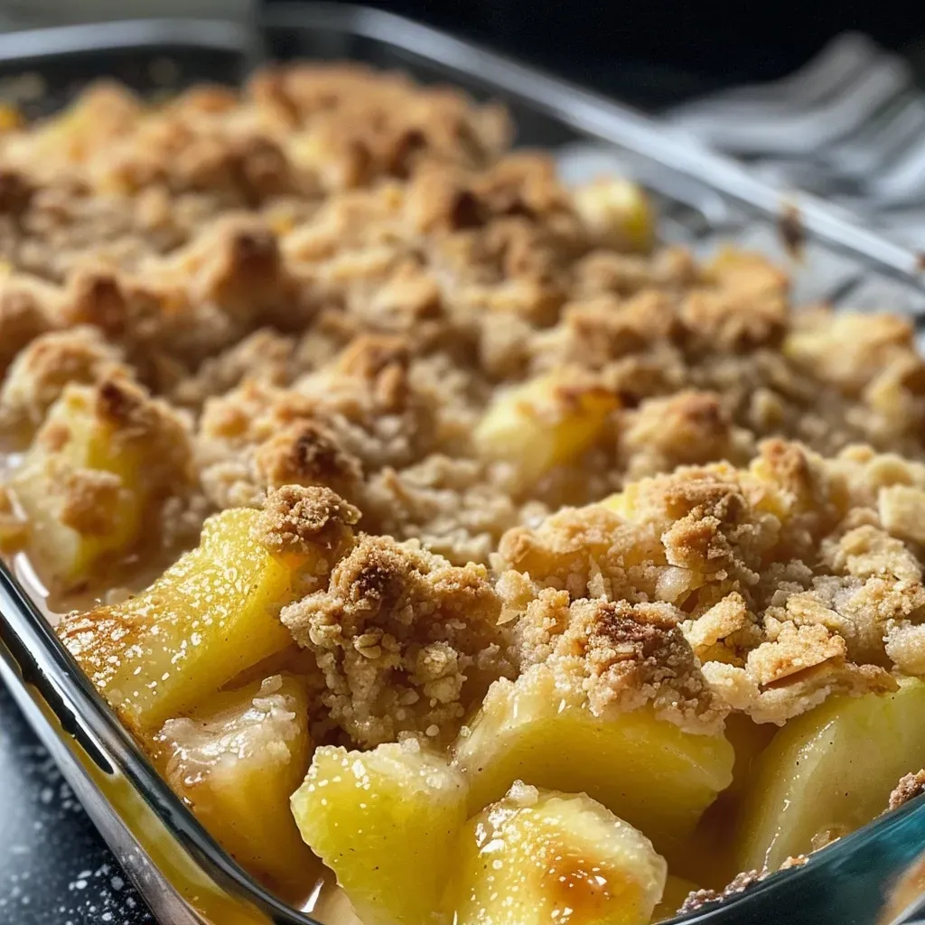 Detailed view of a delicious Apfel-Zimt Crumble in a round baking dish, highlighting juicy apple pieces and a sprinkling of cinnamon.