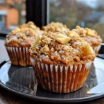 Close-up view of fresh apple-cinnamon muffins with a golden crust.