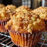 Close-up side view of Apfel-Zimt-Streusel-Muffins with a golden-brown crumble topping.
