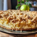 A close-up view of a delicious Apfelkäsekuchen Zimtstreusel with a golden crust and apple chunks.
