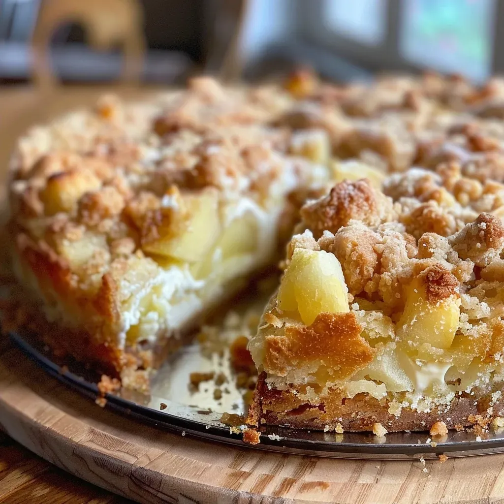 Side angle of a moist Apfelkäsekuchen Zimtstreusel showcasing cinnamon topping and rich cheese filling.