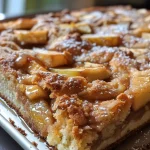 A close-up side view of a golden brown air fryer apple cake, showing juicy apple pieces and a dusting of powdered sugar.