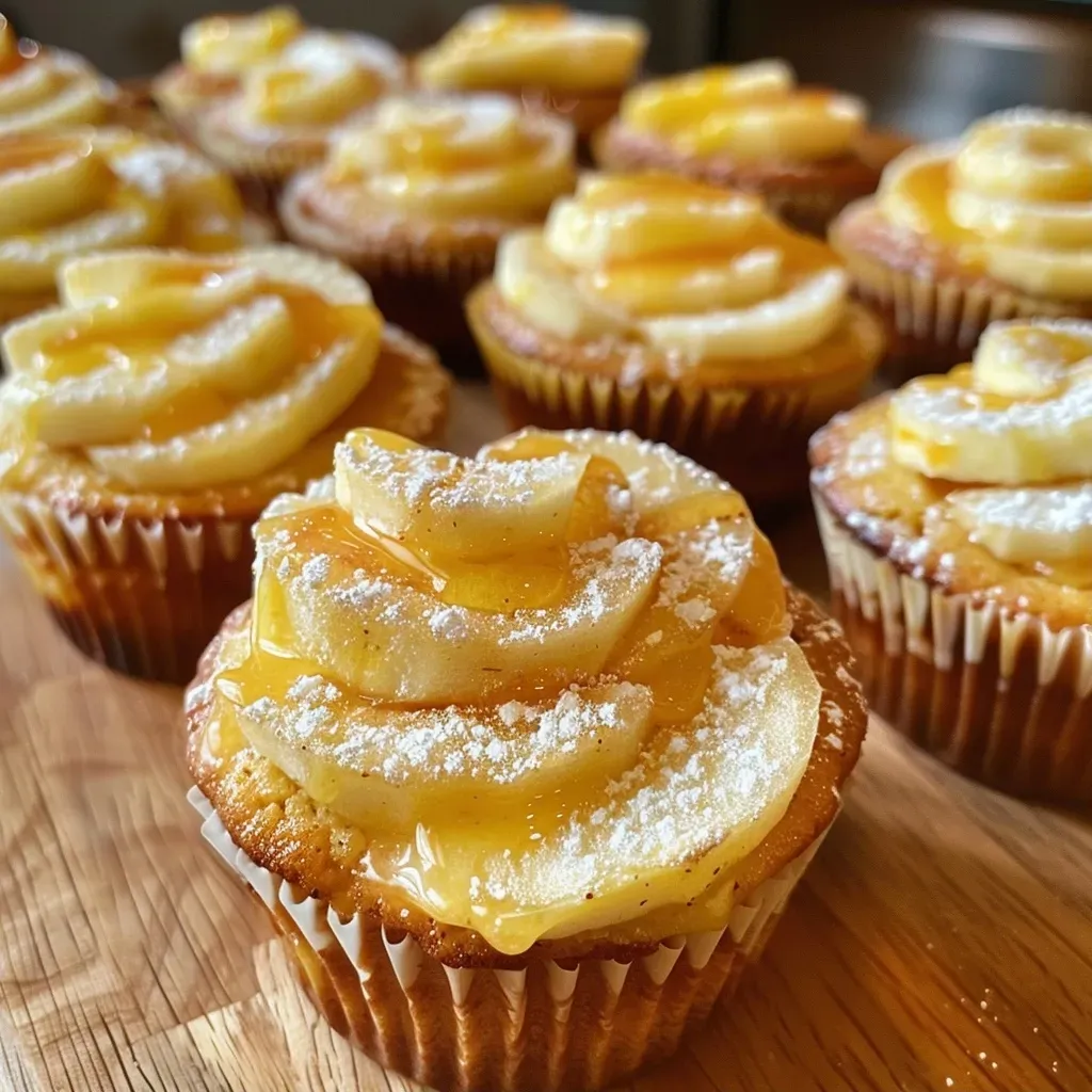Close-up of a side view of Apfelkuchen cupcakes topped with creamy frosting and apple chunks.