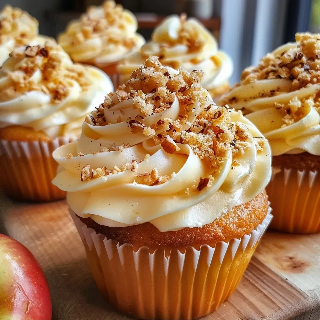 Side view of juicy Apfelkuchen cupcakes with a glossy frosting and sprinkled cinnamon.