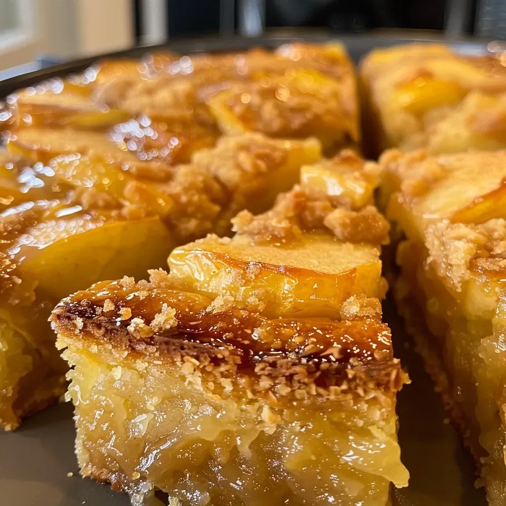 Side view of a moist Apfelkuchen, highlighting its rich texture and sweet apple filling prepared in an Airfryer.