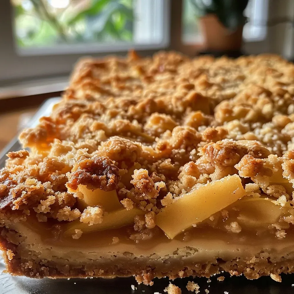Close-up view of a delicious Apfelkuchen slice with golden-brown streusel and creamy vanilla sauce.