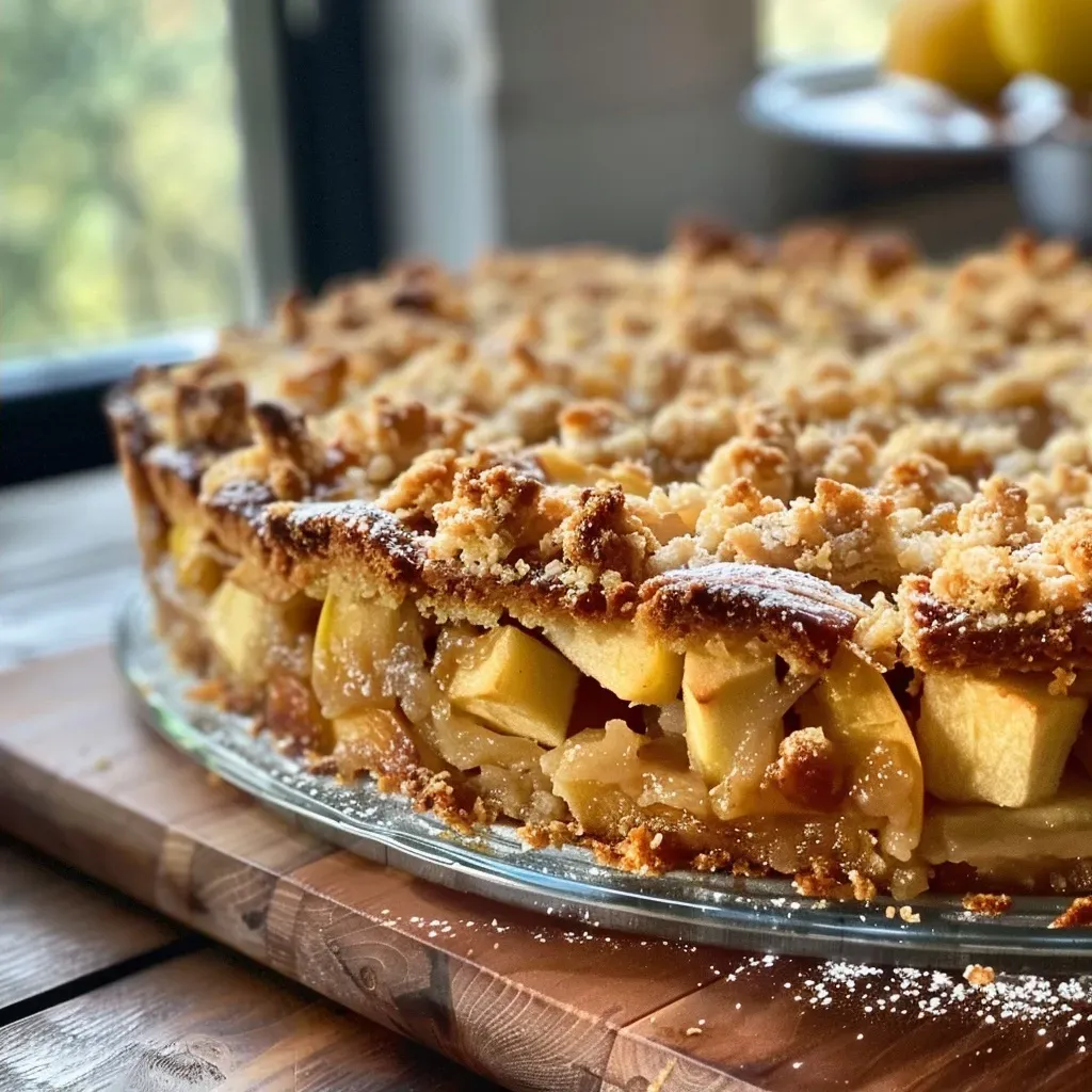 Side view of a juicy apple cake featuring a golden brown streusel crust, garnished with fresh apple slices.