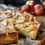A side view of a layered apple cake topped with vanilla pudding and streusel.