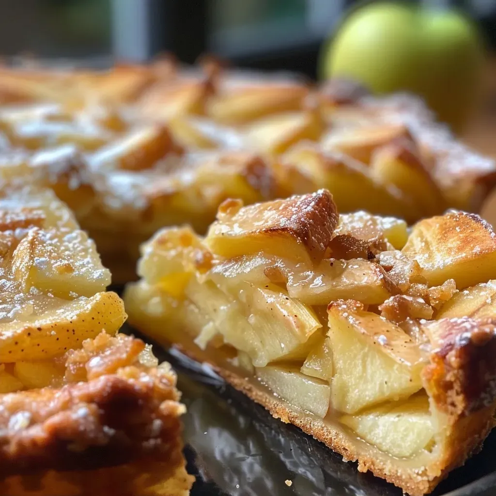 Close-up of a slice of Apfelkuchen, showcasing apple filling and crumbly topping.