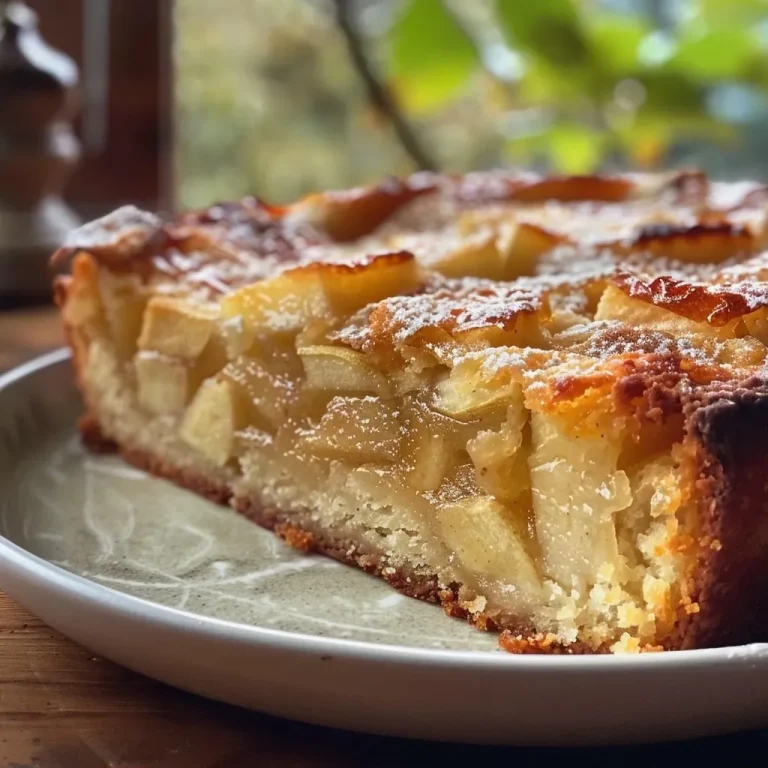 Close-up of a juicy apple cake on a baking tray with a golden-brown crust.