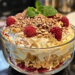 A close-up view of a Birne Helene Trifle, highlighting layers of pears and chocolate.