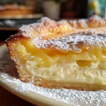 Close-up side view of a slice of Birnen Creme Kuchen on a plate.