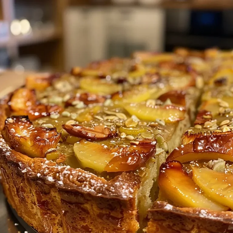 Close-up side view of a freshly baked pear cake with almond filling on a baking sheet.