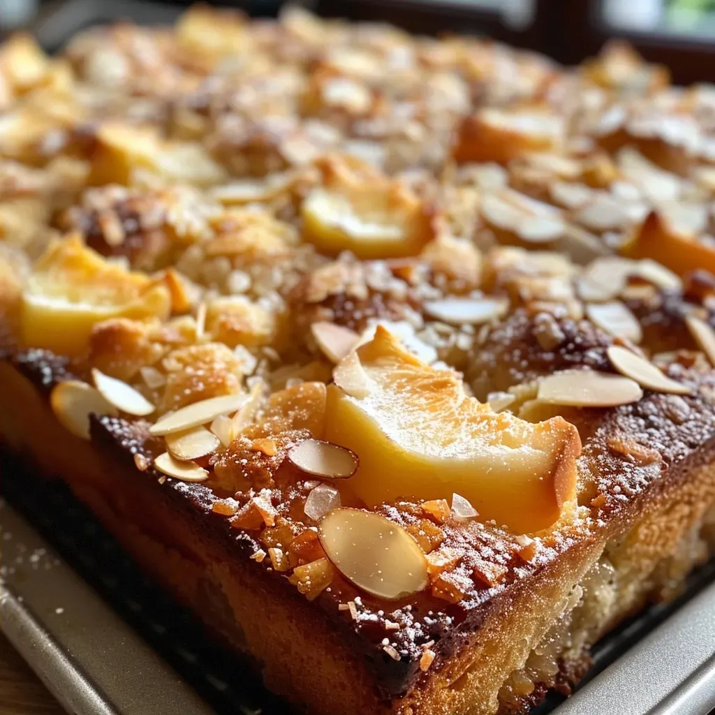 Juicy pear cake with a golden crust and almond filling, showcased from the side.