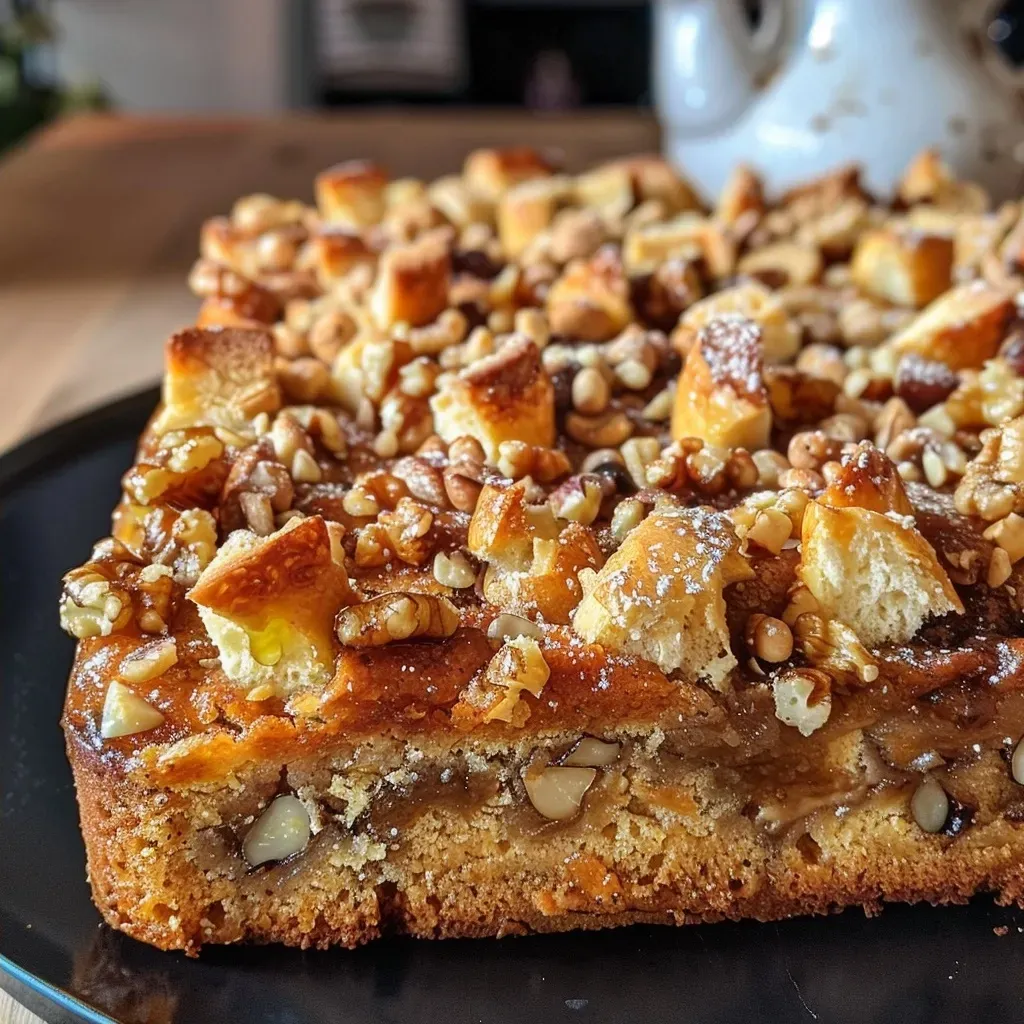 A delicious-looking Birnen-Walnuss-Kuchen from the side, showcasing juicy pear slices and walnut pieces.