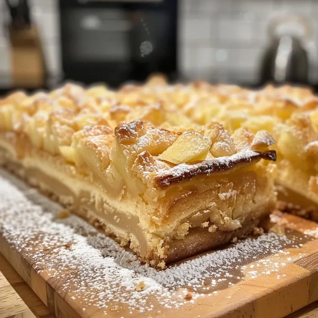 Side view of soft, golden-brown Birnenkuchen with a glossy caramel drizzle.