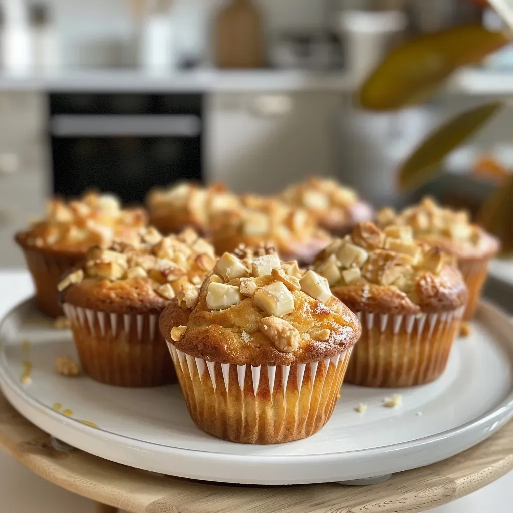 Side view of a juicy Birnenmuffin with a golden-brown top and visible pear pieces.