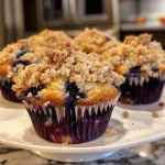 A close-up view of a blueberry streusel muffin, highlighting its crumbly streusel topping and juicy blueberries.