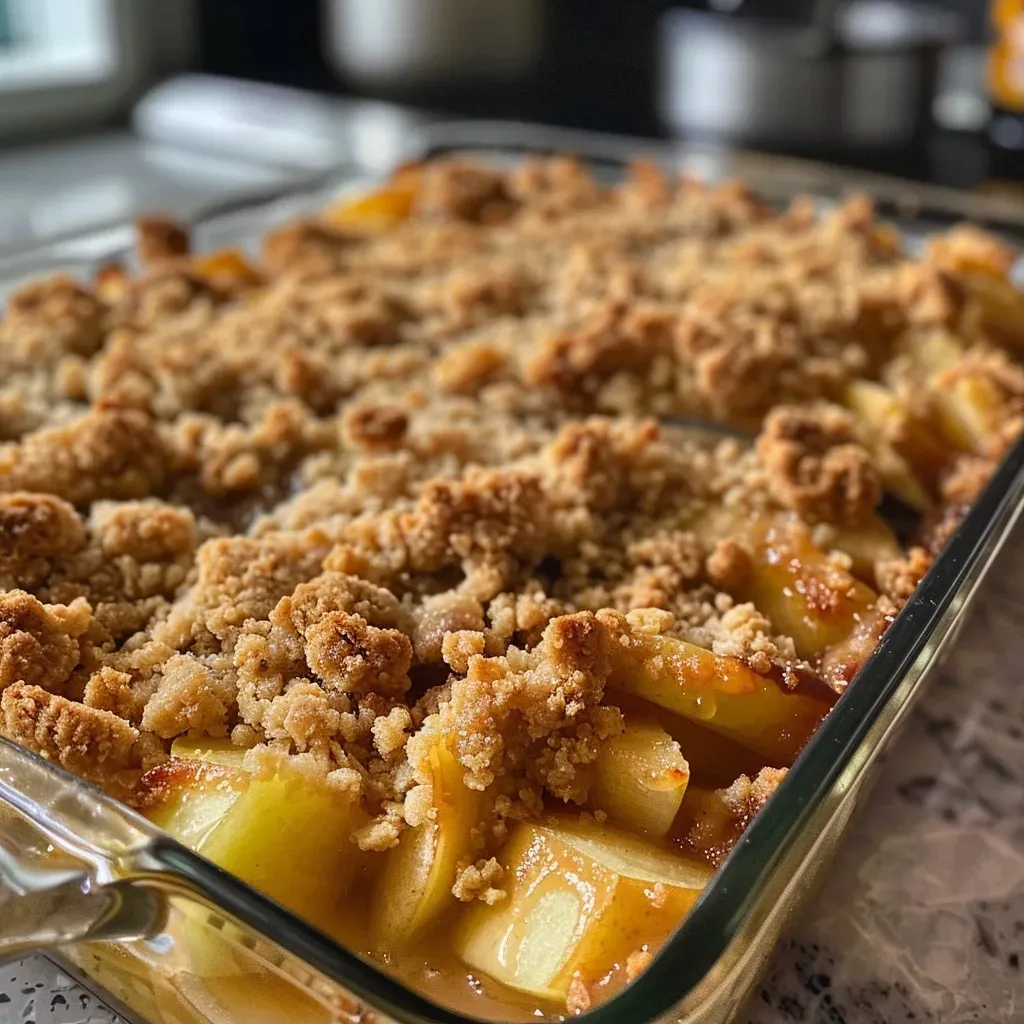 Close-up view of juicy Bratapfel-Crumble on a bed of creamy cinnamon sauce.