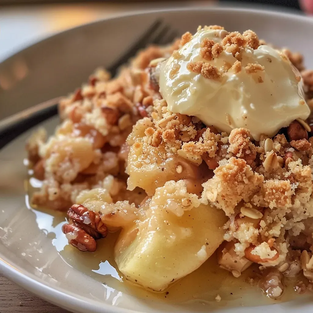 Side view of a delicious Bratapfel-Crumble topped with cream, showcasing baked apples and crumble.