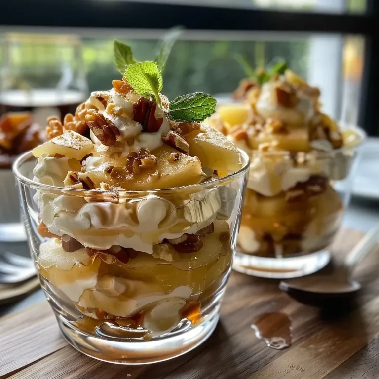 Himmlisches Bratapfel Dessert im Glas – Einfach und unwiderstehlich! A close-up view of a layered Bratapfel dessert in a glass, showcasing apples and cream.