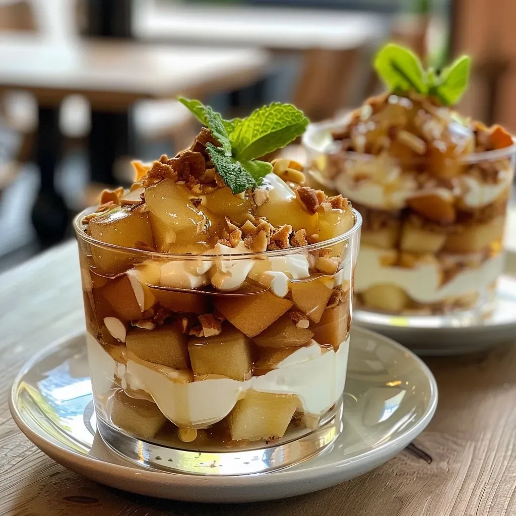 A side view of a delicious Bratapfel dessert in a glass, featuring layers of mascarpone and quark.