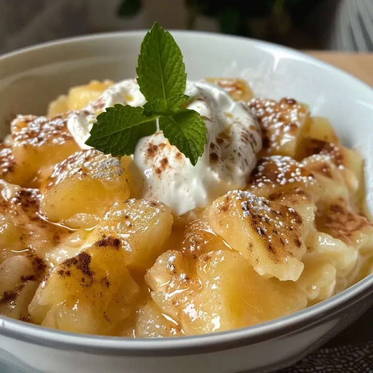 Close-up view of a bowl of Bratapfelkompott with a swirl of cinnamon cream on top.