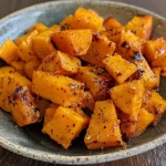 ['Close-up of air-fried butternut squash chunks seasoned with spices.', 'Side view of golden brown butternut squash pieces in a bowl.', 'Juicy butternut squash with a golden, crispy exterior, freshly air-fried.', 'Seasoned butternut squash chunks ready to be served from the air fryer.']