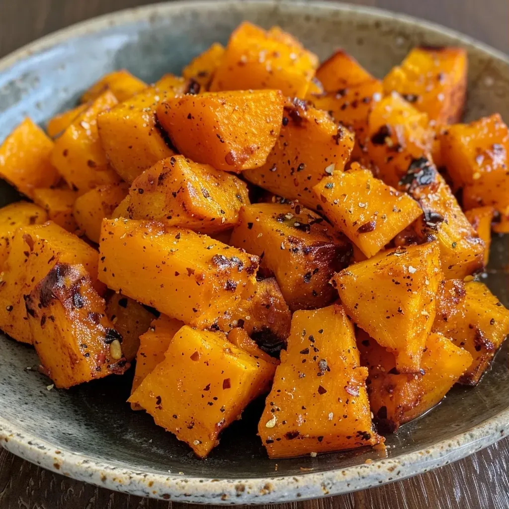 Close-up of air-fried butternut squash chunks seasoned with spices.