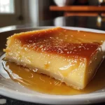 Close-up view of creamy Crème Caramel dessert in a glass dish.
