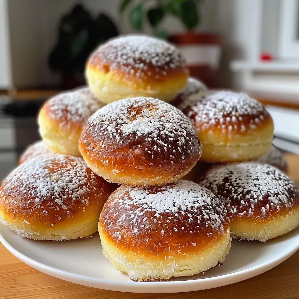 Close-up view of golden-brown German donut holes on a wooden surface.