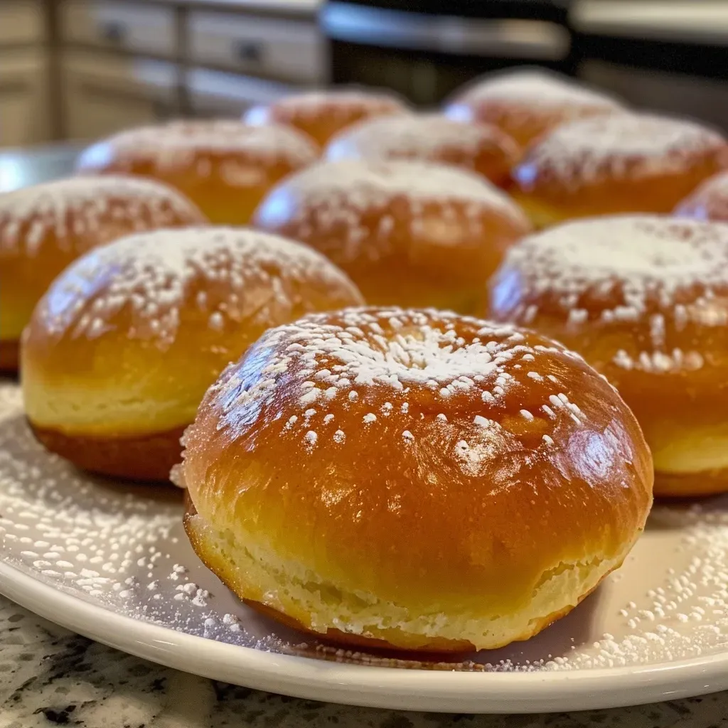 Side profile of fluffy donought holes dusted with powdered sugar.