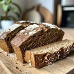 Close-up side view of a freshly baked Einfache Zimtschneckenbrot on a table.