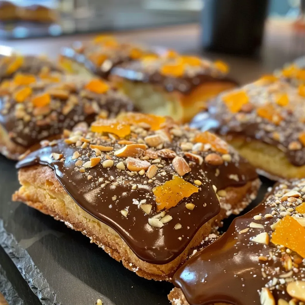 Close-up view of a juicy Elisenlebkuchen with a decorative chocolate coating.