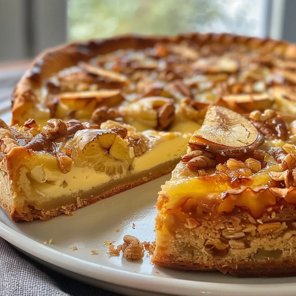 Close-up view of a slice of Feigenkuchen topped with walnuts and a creamy layer.