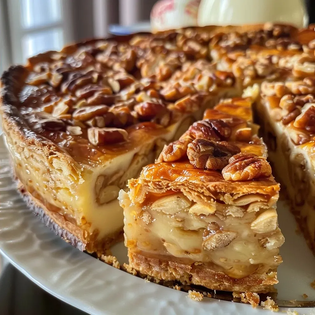 Close-up view of a slice of Feigenkuchen topped with walnuts and a creamy layer.