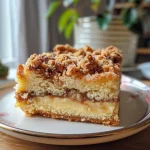 A close-up side view of a fig cake topped with streusel.